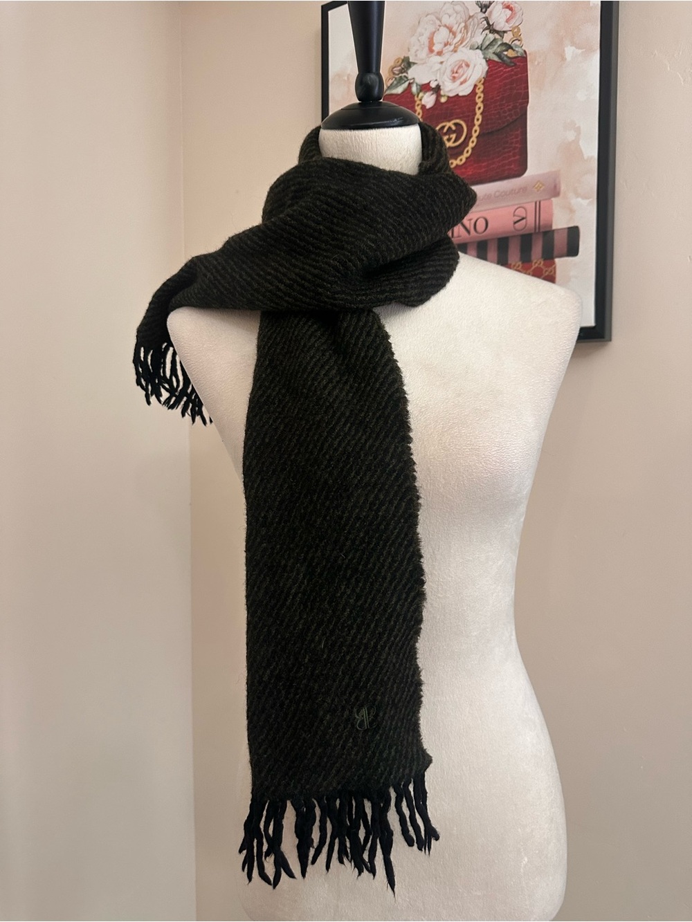 Balenciaga Men's Dark black Olive Fringe Wool Scarf unisex